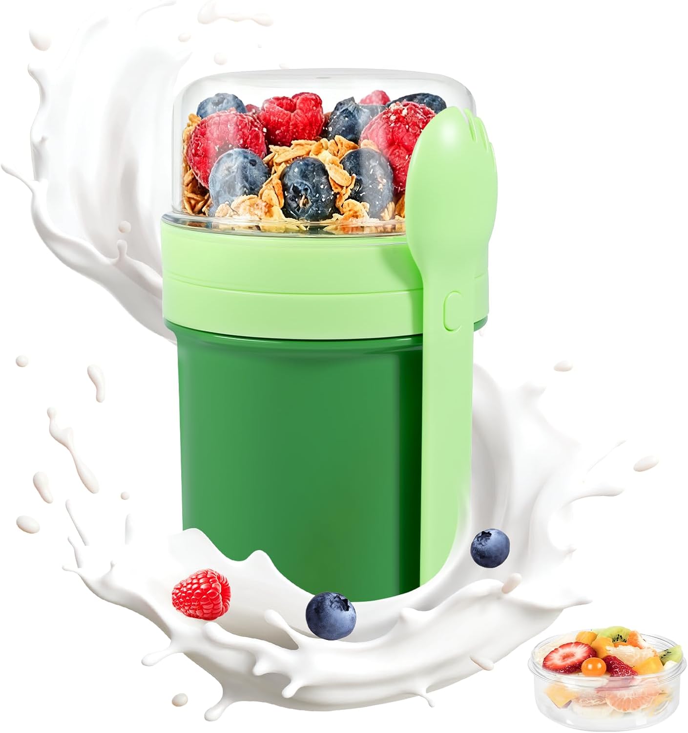 Carehabi Müslibecher To Go, 250+650ml, Joghurtbecher To Go, auslaufsicherer Müslibecher mit Löffel und Soßenbehälter, BPA-freie Frühstücksbox für Kinder und Erwachsene, Grün
