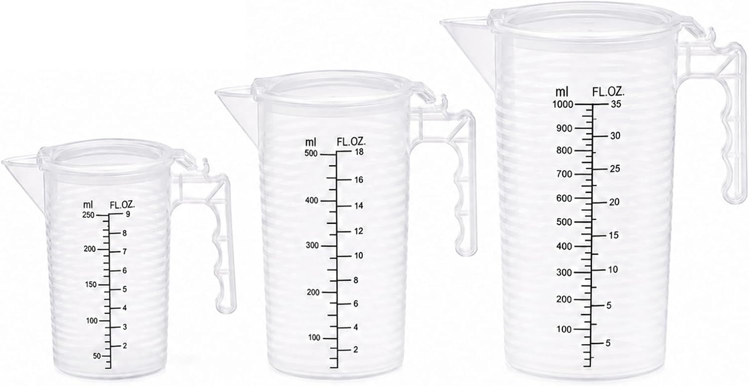 Carehabi Jarra Medidora Set de 3 con Tapa 250ml 500ml 1L Vaso Medidor Plástico para Repostería y Cocina