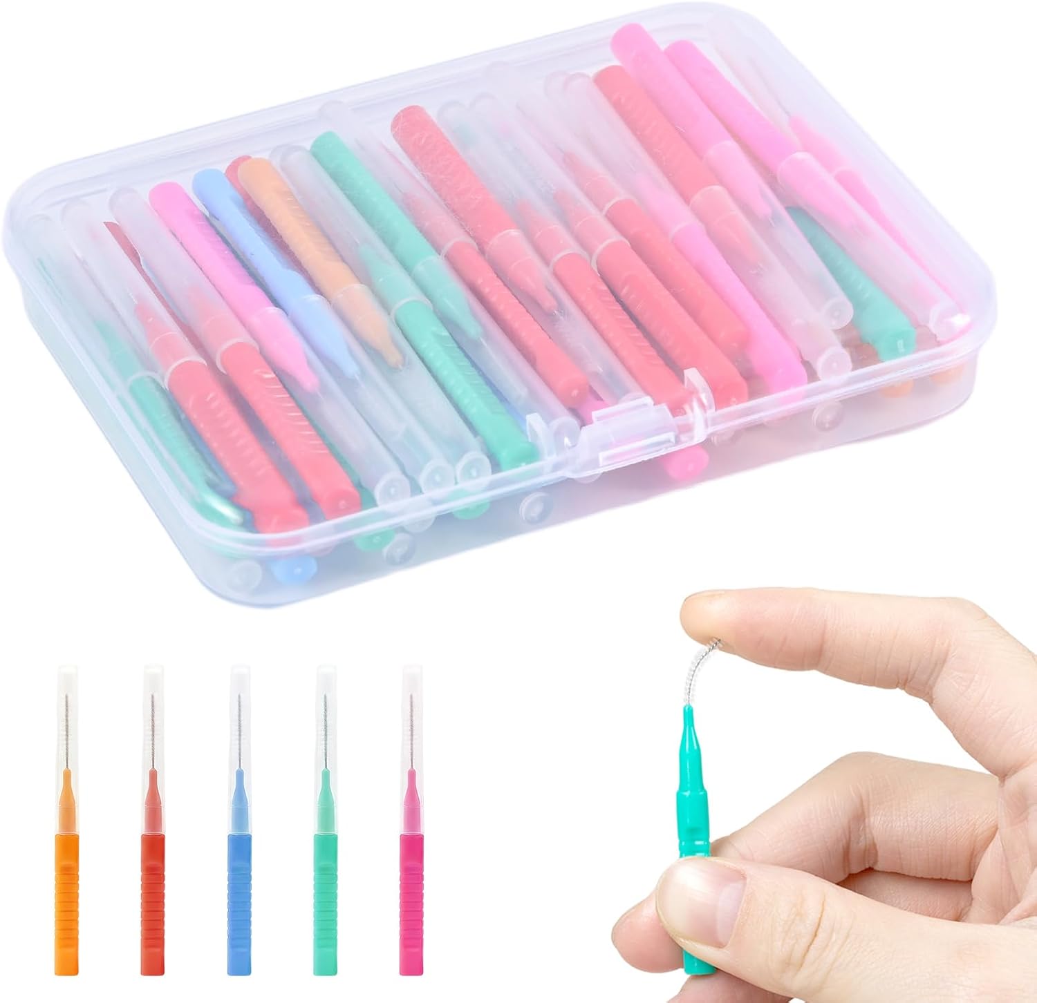 50 cepillos interdentales, cepillo interdental con estuche, interdentales para limpiar espacios, ideales para aparatos ortodónticos e implantes para la higiene bucal (5 colores en 1 estuche)