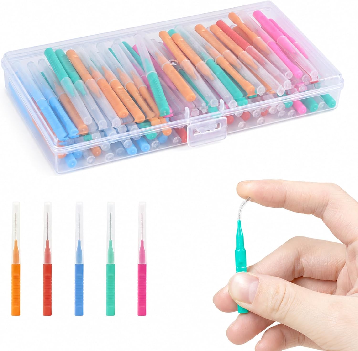 100 Stück interdentalbürsten, zahnseide stick mit Box, zahnzwischenraumbürsten zur Reinigung von Zahnzwischenräumen, ideal für Zahnspangen und Implantate zur Mundhygiene (5 Farben in 1 Box)