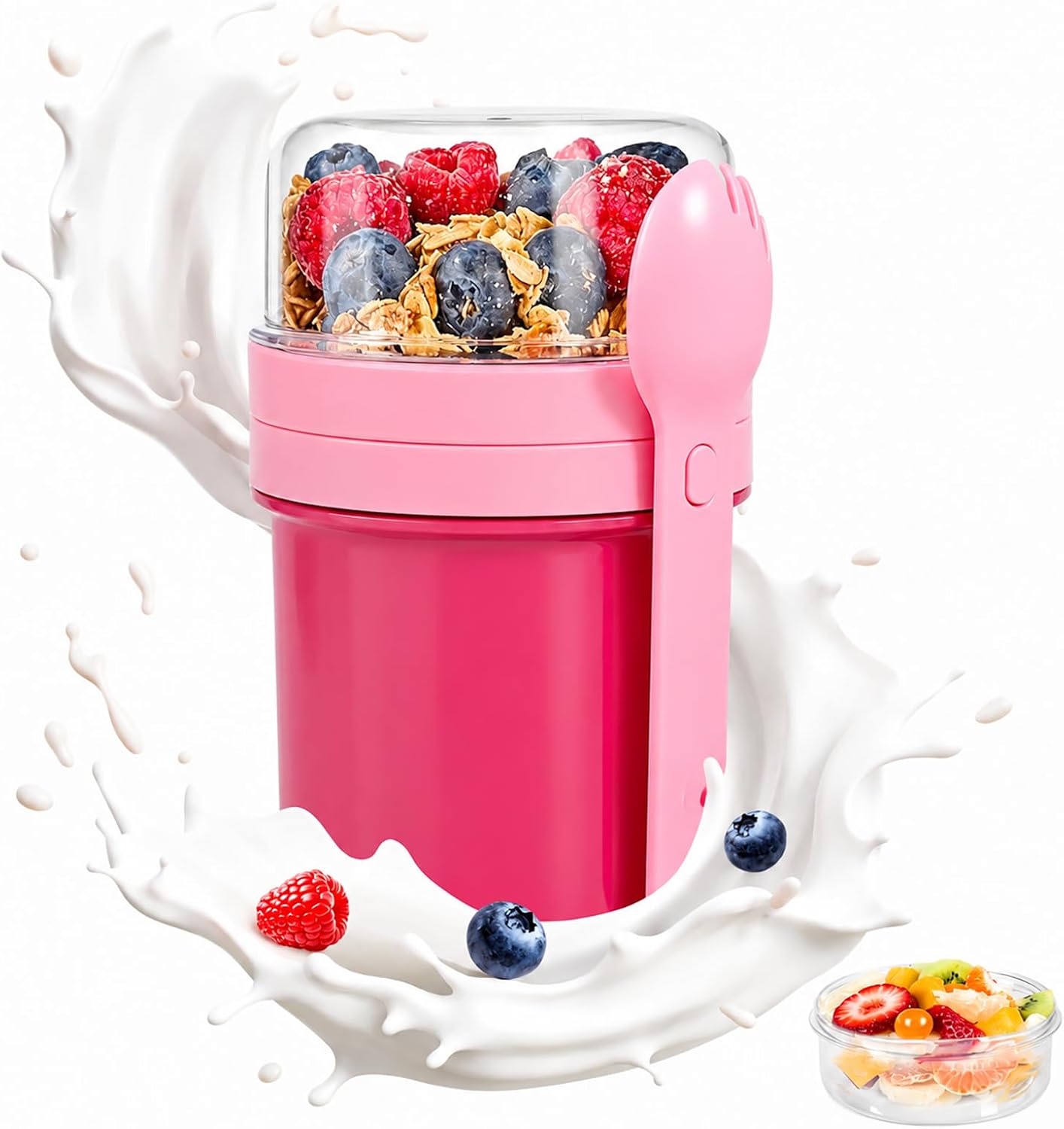Muesli Cup, 450 ml + 250 ml, Tasse à Yaourt, tasse de céréales à emporter étanche avec cuillère et boîte à sauce, boîte à déjeuner sans BPA, bol à céréales, pour les enfants et les adultes, rose