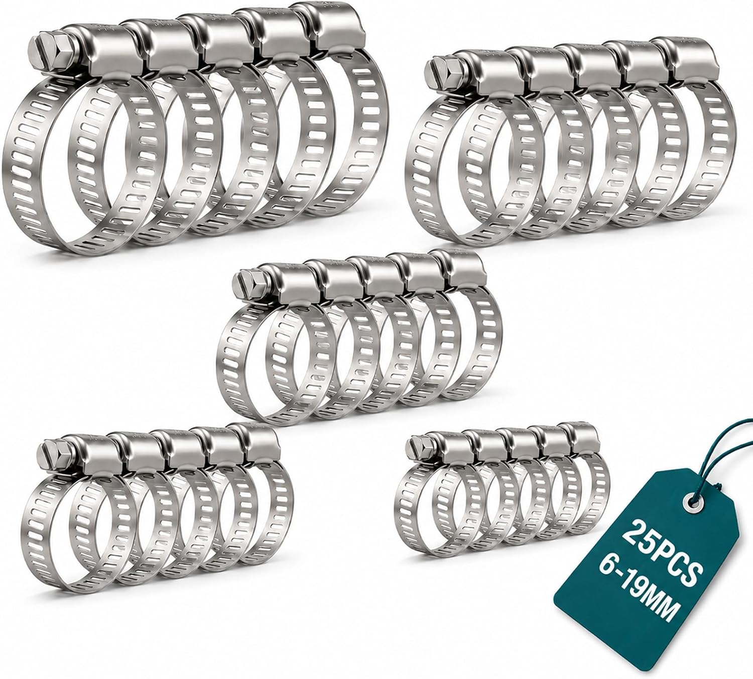 Kit 25 Pezzi Fascette Stringitubo in Acciaio Inox 304, Fascette Regolabili a Vite senza Fine 6-29mm (5 Misure), Bandelle Metalliche Antiruggine per Auto, Idraulica & Fai da Te
