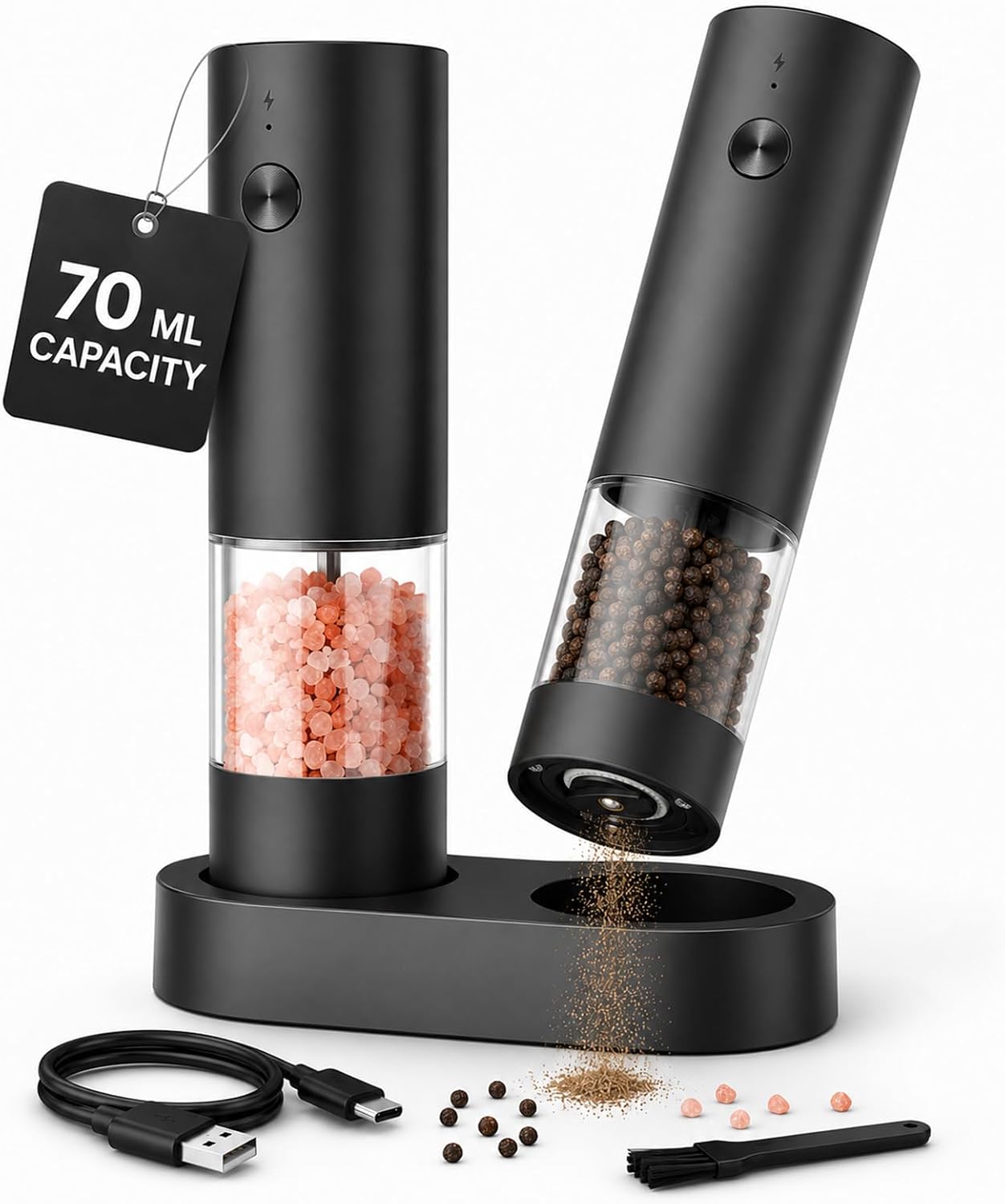 Elektrische Salz und Pfeffermühle Set mit Basis, USB-C Aufladbar