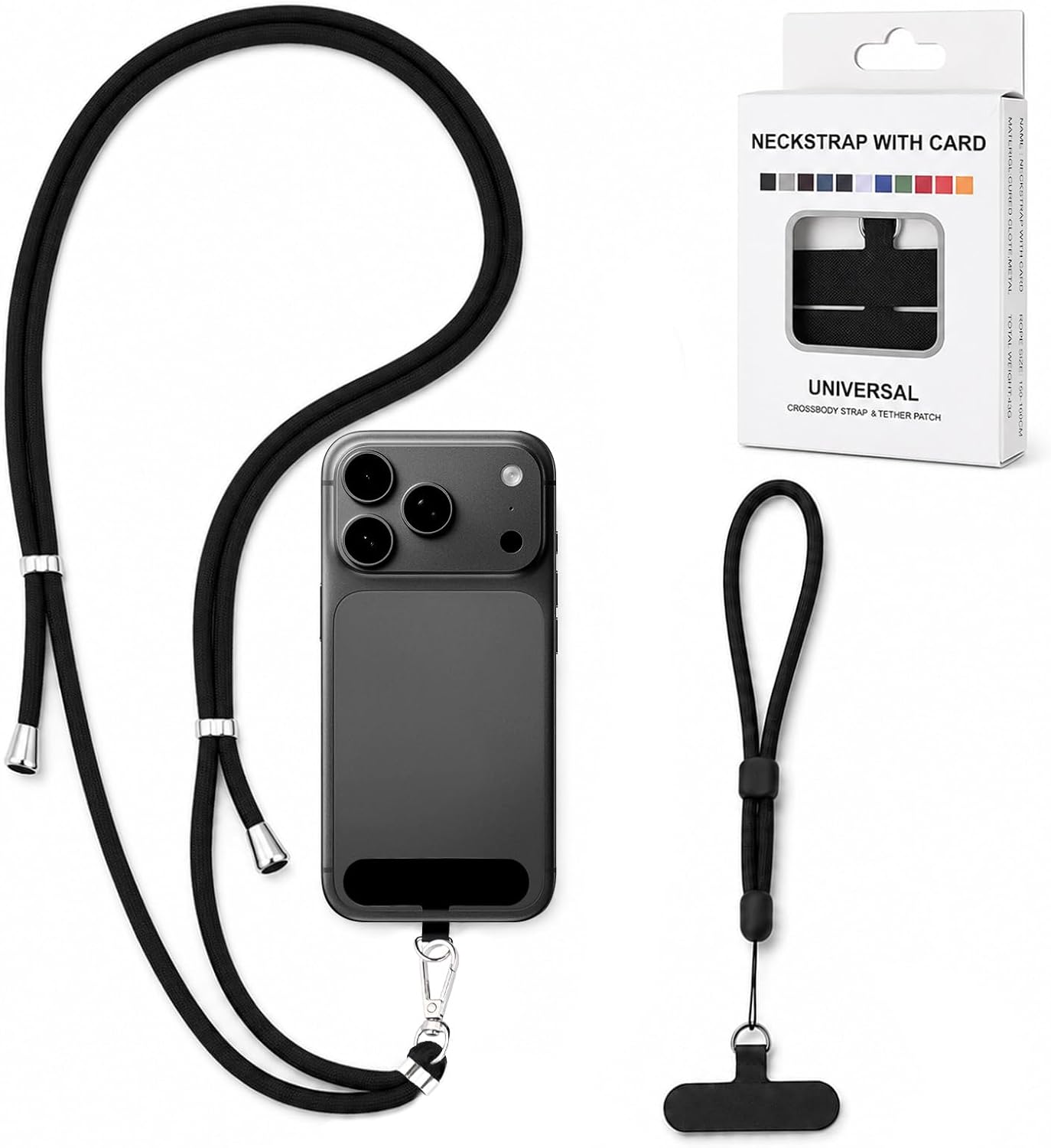 Carehabi Cordino Cellulare Nero con Tracolla e Polso 2 patch